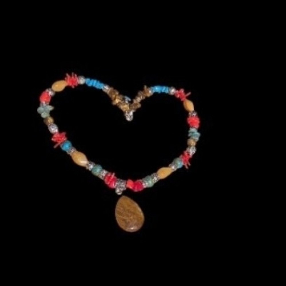 925 Sterling ArtisanTurquoise Coral, dyed Stone with Tigers Eye Pendant Necklace - Picture 4 of 9
